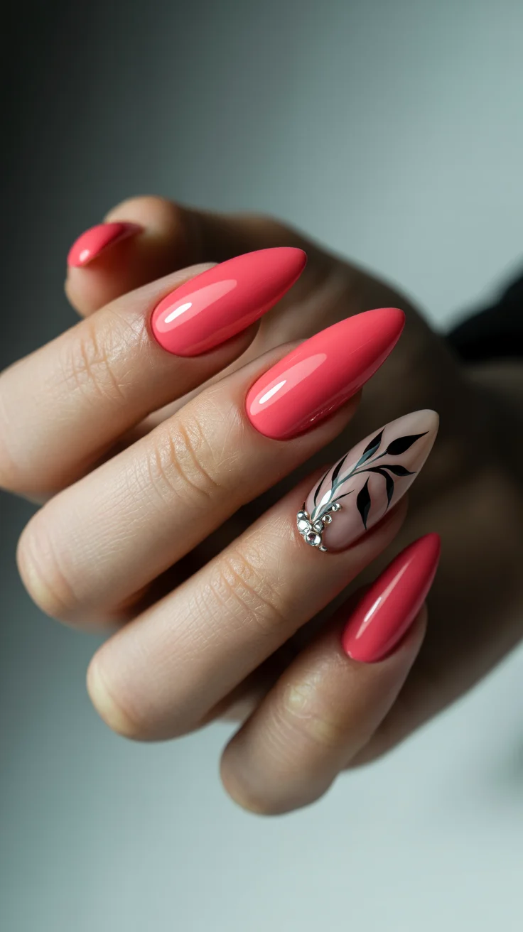 May Nails Ideas 2026 Coral Almond Nails with a Statement Accent