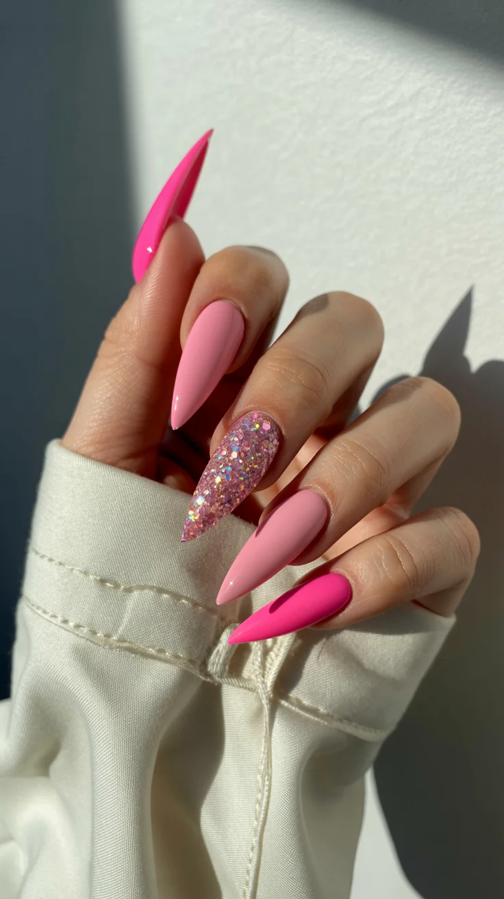 May Nails Ideas 2026 Hot Pink Drama with Glitter Accents