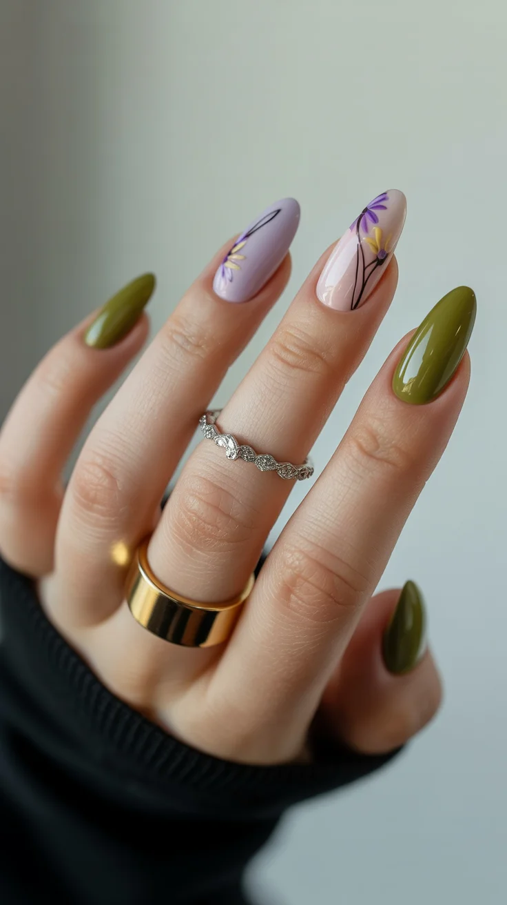 May Nails Ideas 2026 Olive and Lavender Botanical Contrast