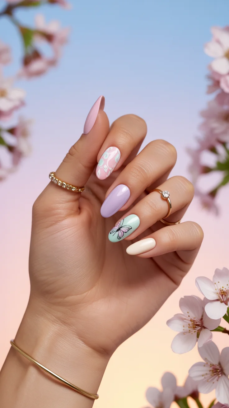 May Nails Ideas 2026 Pastel Mix with a Hint of Butterfly Energy