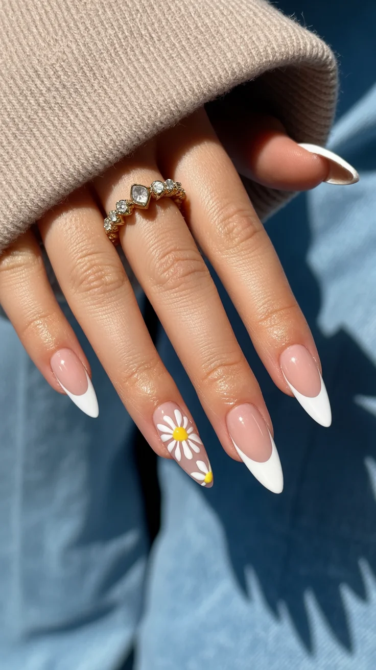 May Nails Ideas 2026 Classic French with a Daisy Twist