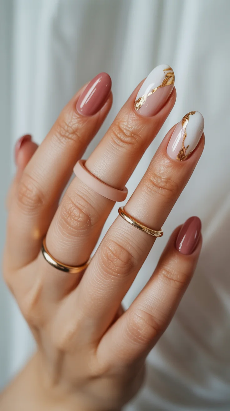 May Nails Ideas 2026 Soft Blush and Gold Leaf Elegance