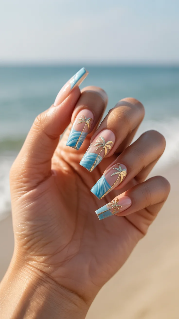 nail art ideas for summer 2026 Ocean Breeze Palms and Sunlit Blues