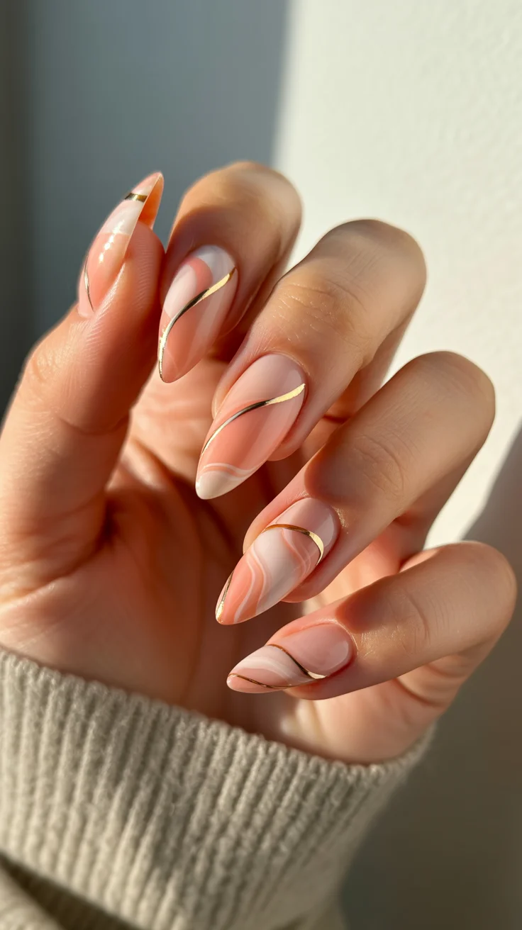 nail art ideas for summer 2026 Peach Marble with Fine Gold Veins
