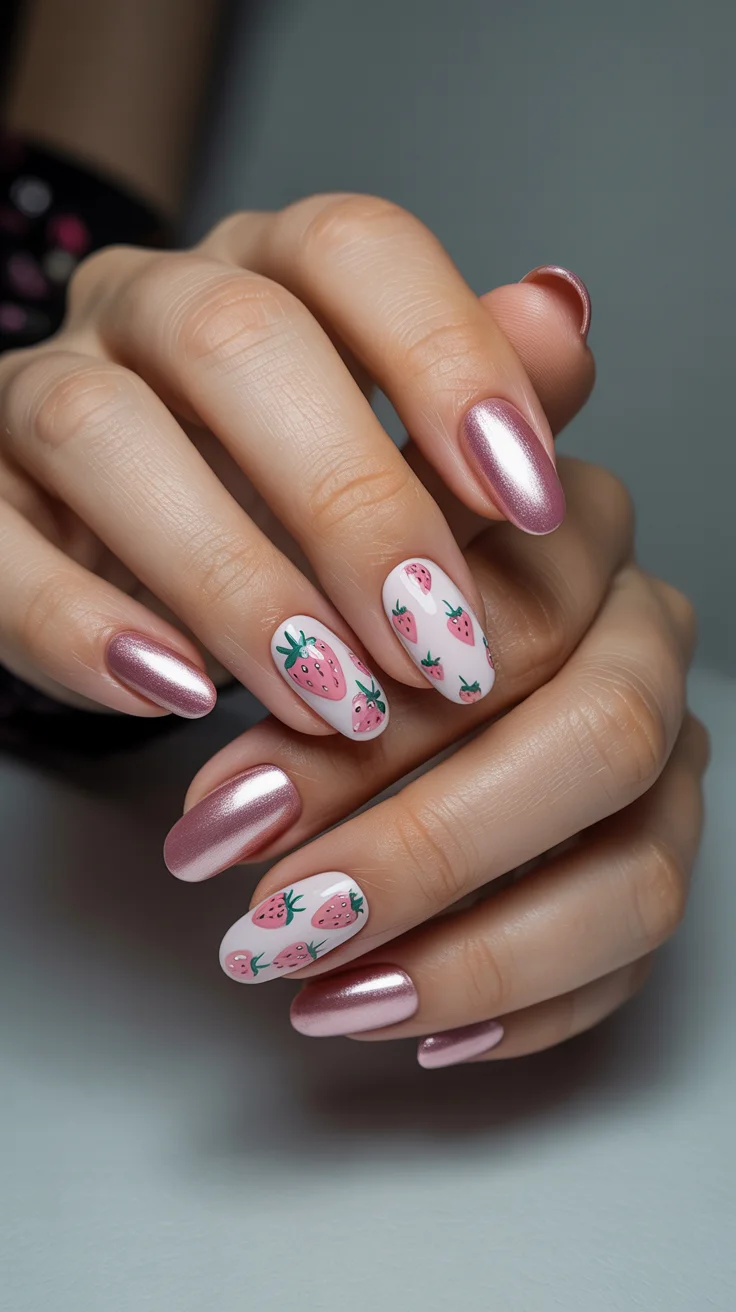 nail art ideas for summer 2026 Strawberry Milk Chrome with Playful Fruit Details