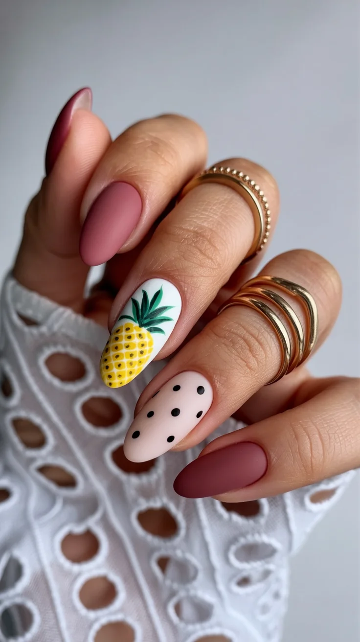 nail art ideas for summer 2026 Matte Pink with Graphic Pineapple Accent