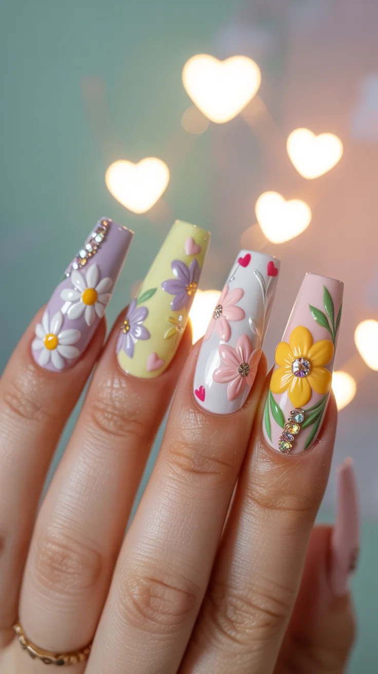nail art ideas for summer 2026 Maximalist Garden Florals with Crystal Details