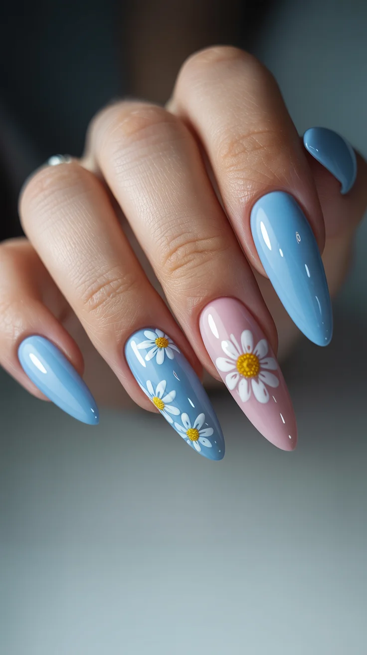 nail art ideas for summer 2026 Soft Blue and Pink Daisy Contrast