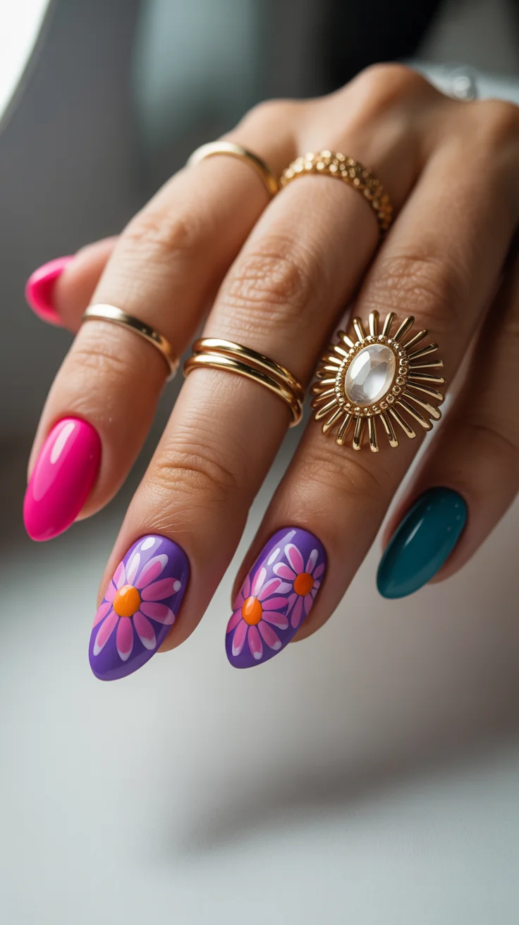 nail art ideas for summer 2026 Bold Retro Florals with Color Blocking