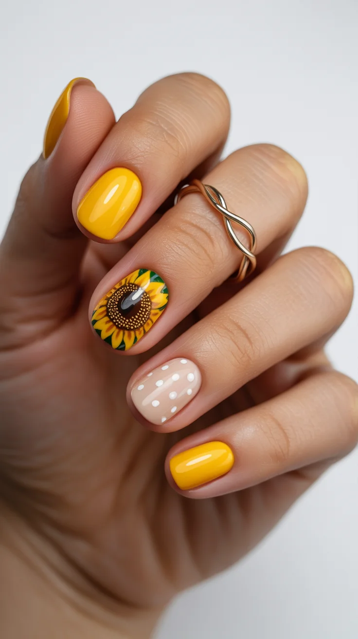 nail art ideas for summer 2026 Sunny Yellow with Graphic Sunflower Accent