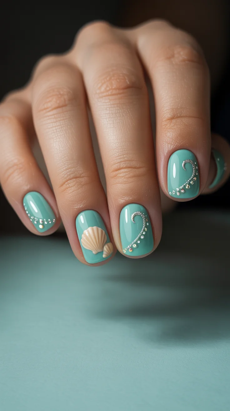 nail art ideas for summer 2026 Seafoam Gloss with Shell and Crystal Details