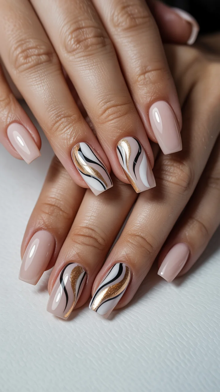 nail art ideas for summer 2026 Glossy Nude Waves with Metallic Accents