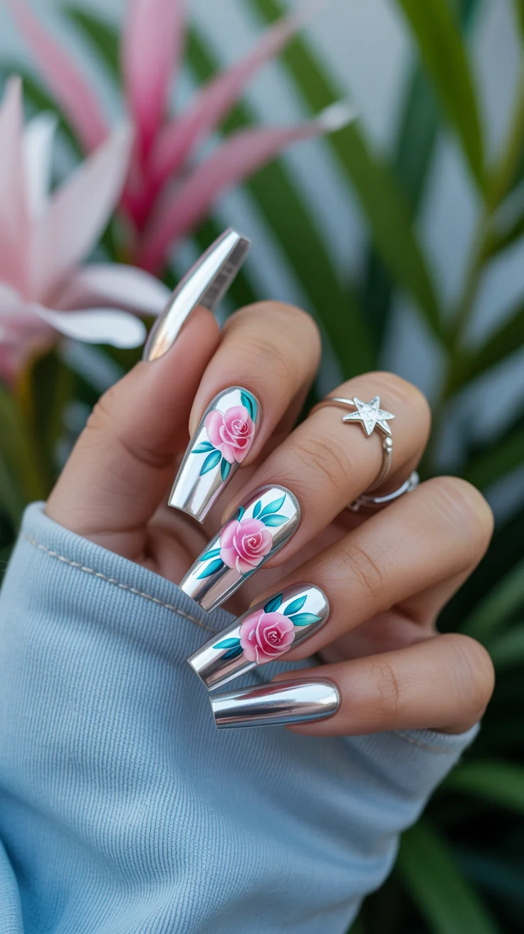 nail art ideas for summer 2026 Chrome Roses with a Futuristic Shine