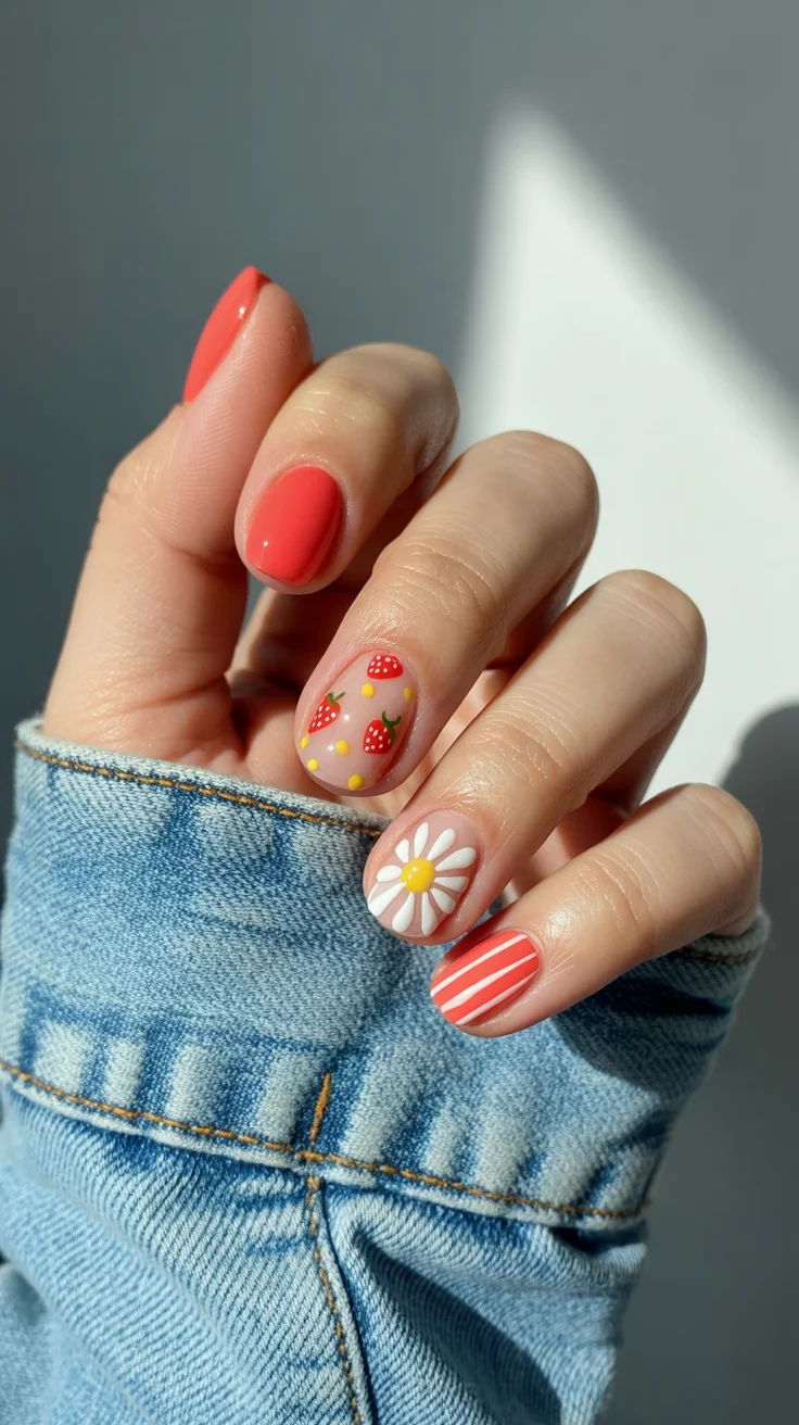 nail art ideas for summer 2026 Playful Strawberries and Daisy Daydreams