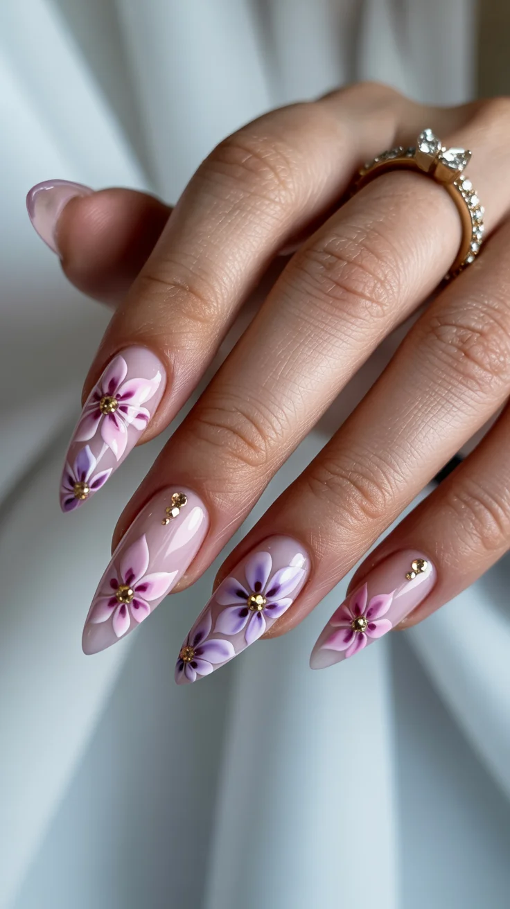 nail art ideas for summer 2026 Soft Pink Florals with Golden Accents