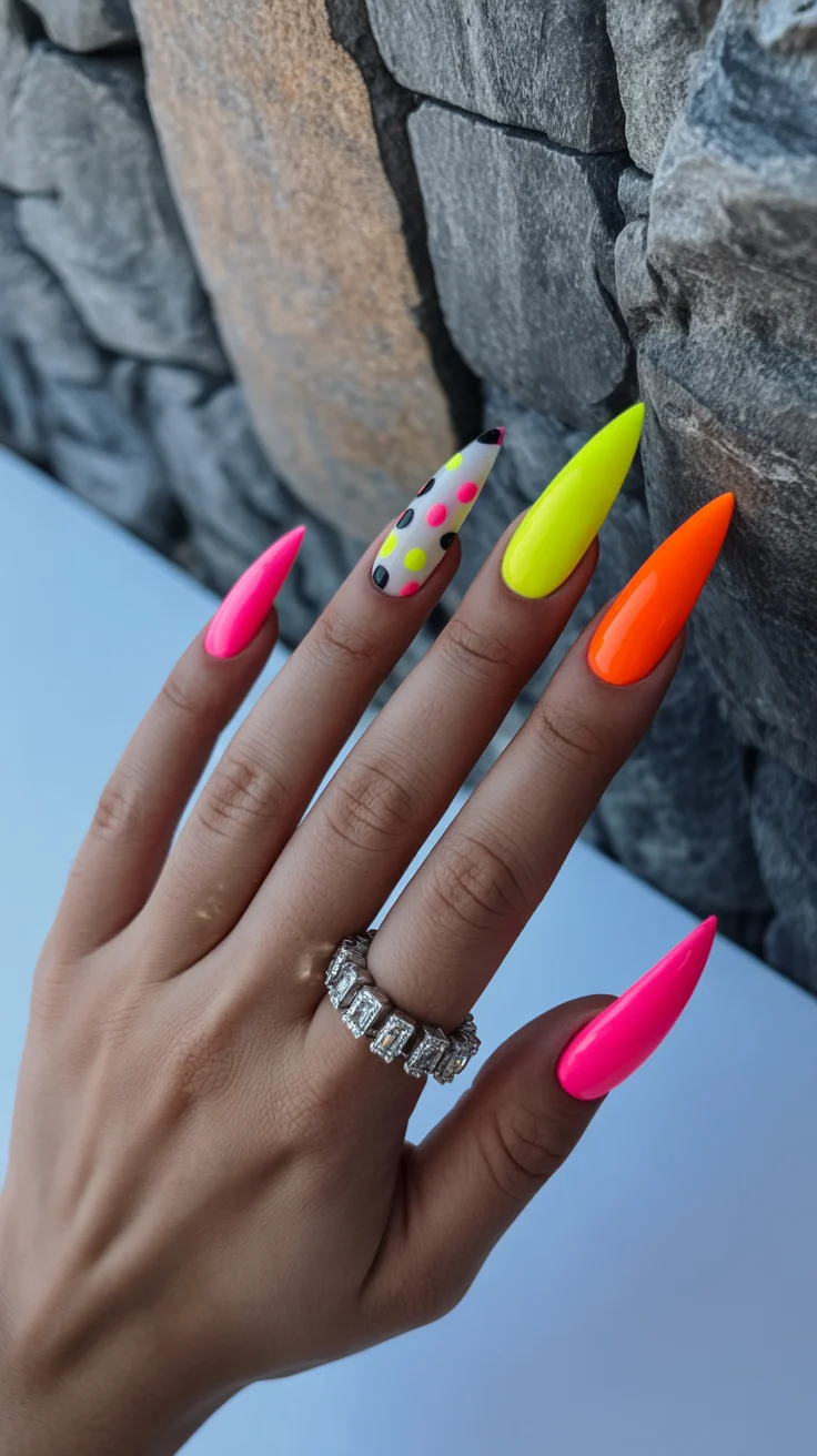 nail colors ideas for summer 2026 Neon Pop Stiletto When Subtle Just Isn’t the Mood