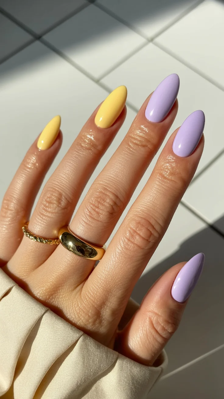 nail colors ideas for summer 2026 Butter Yellow and Lilac Duo Soft Contrast That Feels Like Sunshine