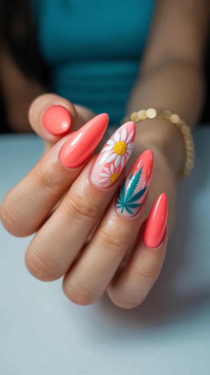 summer-2026-nail-inspo-coral-daisy-leaf