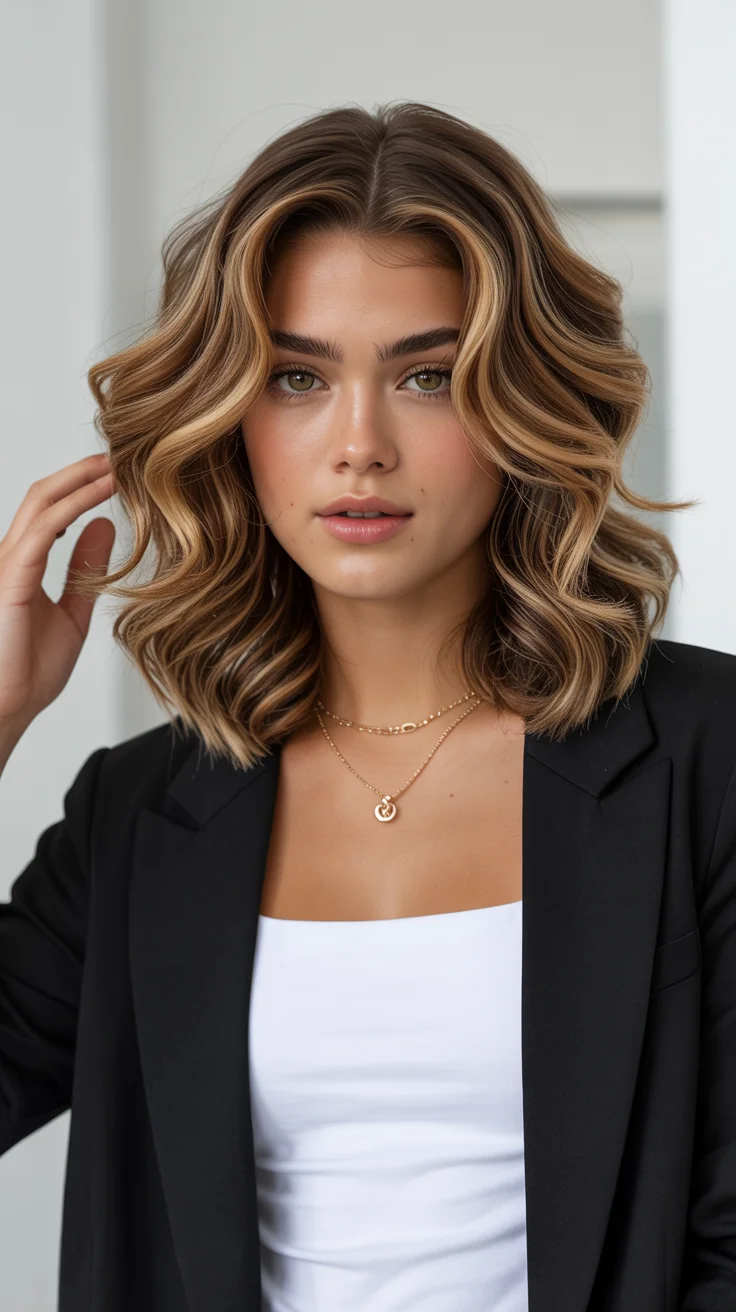 spring to summer season haircuts ideas 2026 Soft Layered Wavy Bob with Golden Highlights