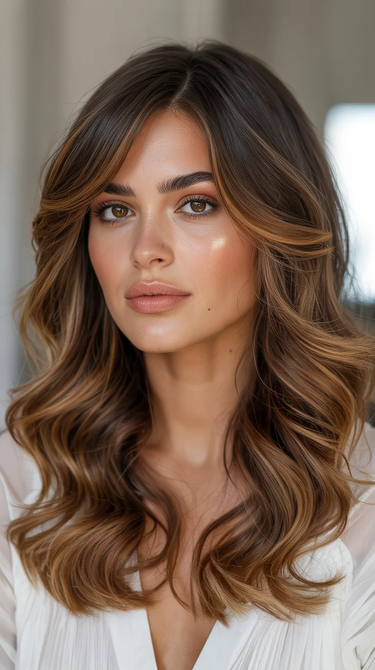 spring to summer season haircuts ideas 2026 Soft Brunette Waves with Honey Face Framing