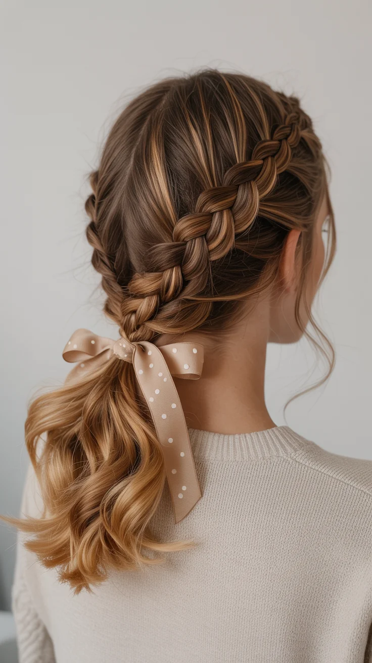 spring to summer season hairstyles ideas 2026 romantic braided ponytail with ribbon
