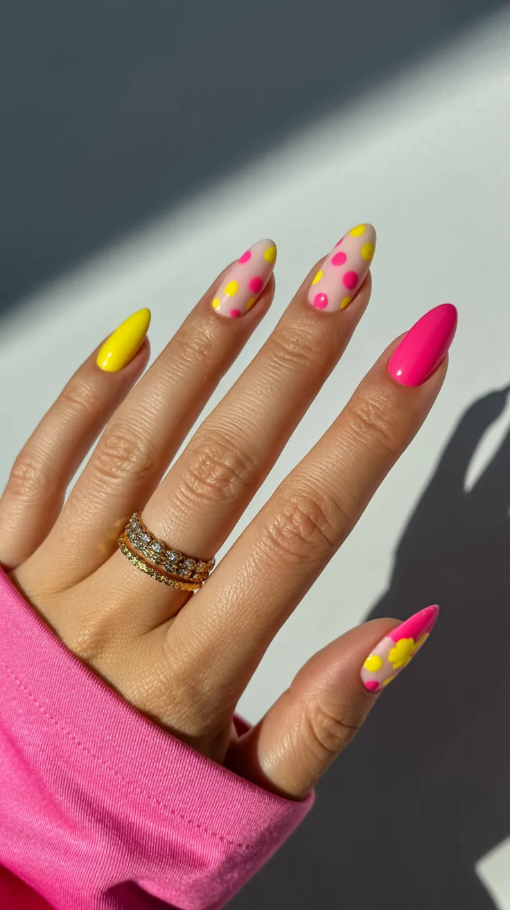 spring to summer season nail art ideas 2026 Playful Neon Polka Dots for a Fresh Spring Mood