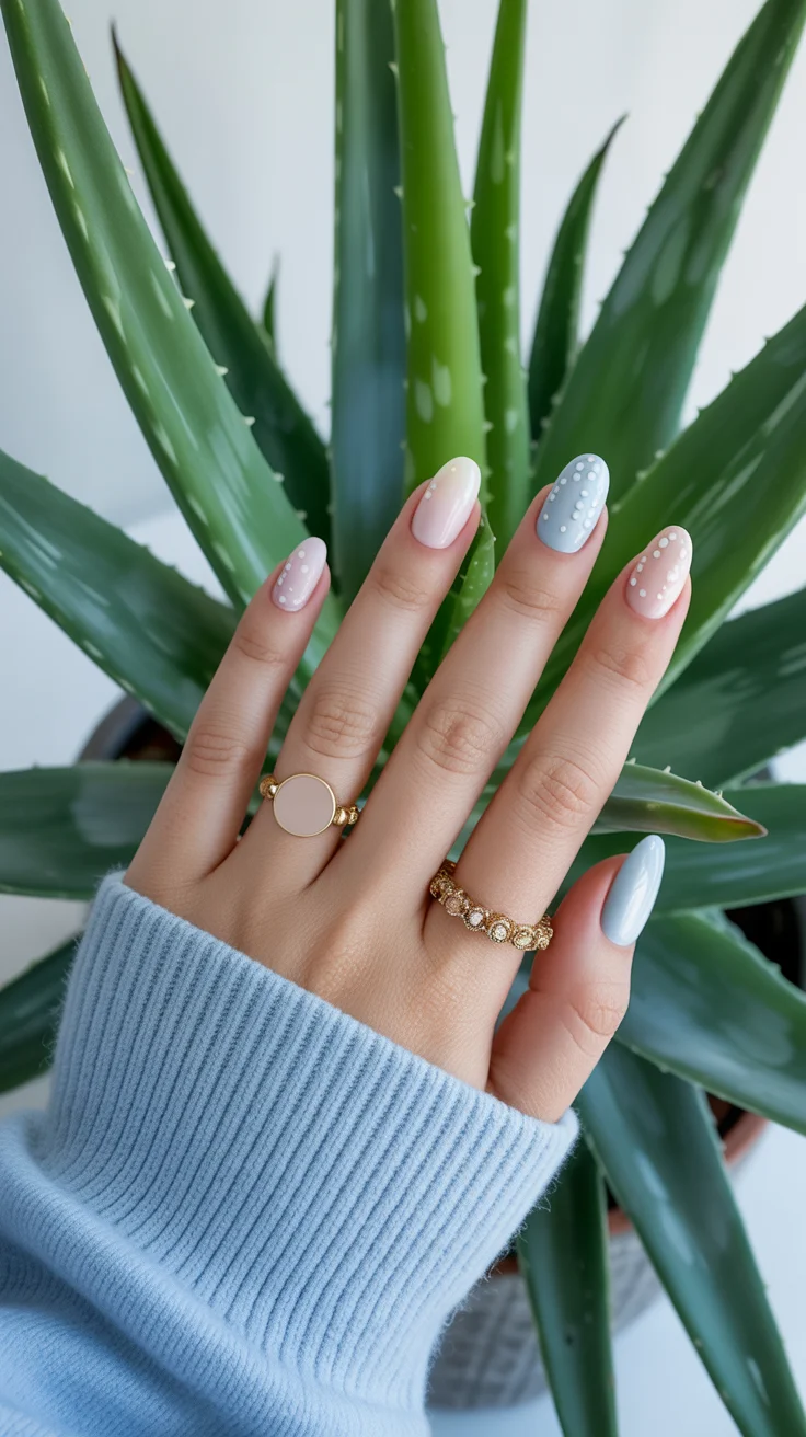spring to summer season nail art ideas 2026 Soft Sky Blue and Blush Dots
