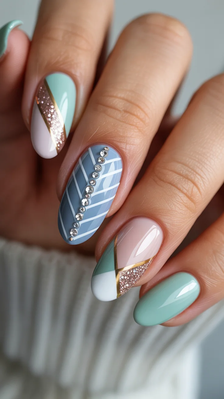 spring to summer season nail art ideas 2026 Geometric Mint and Gold Nail Design