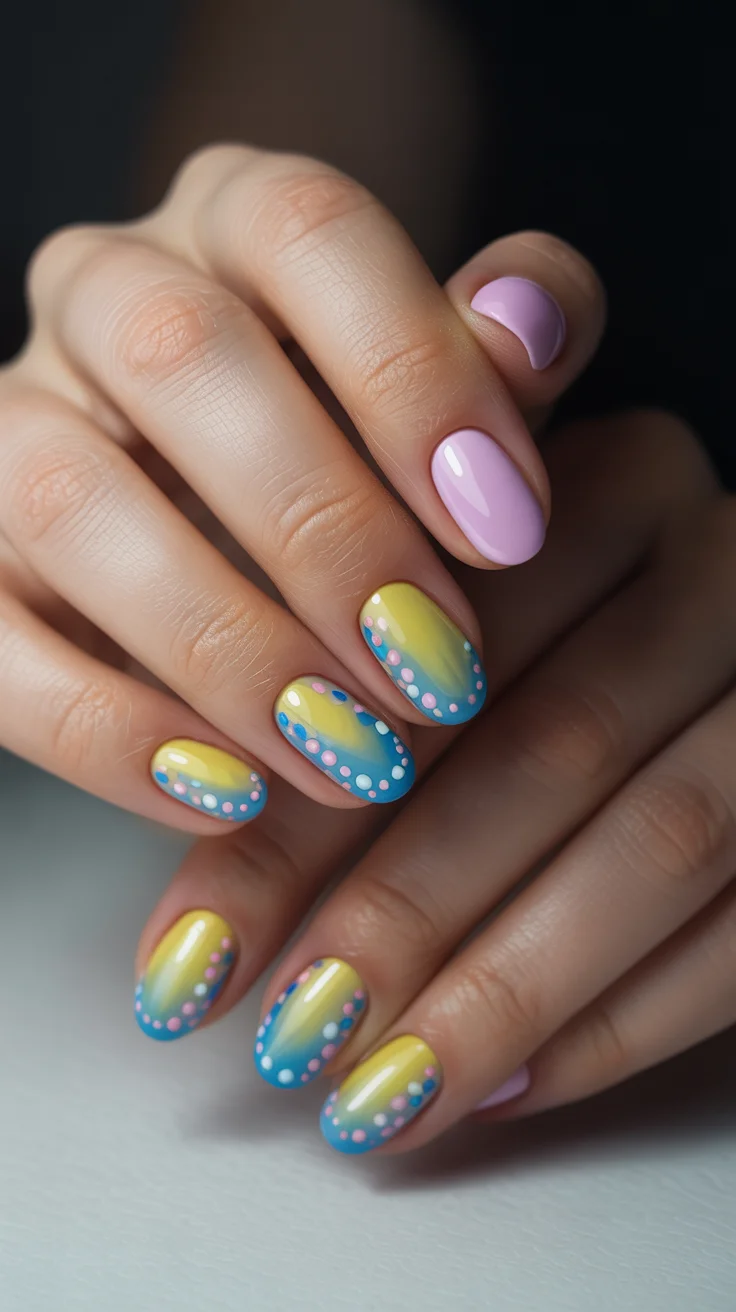 spring to summer season nail art ideas 2026 Yellow Blue Gradient Dot Nails
