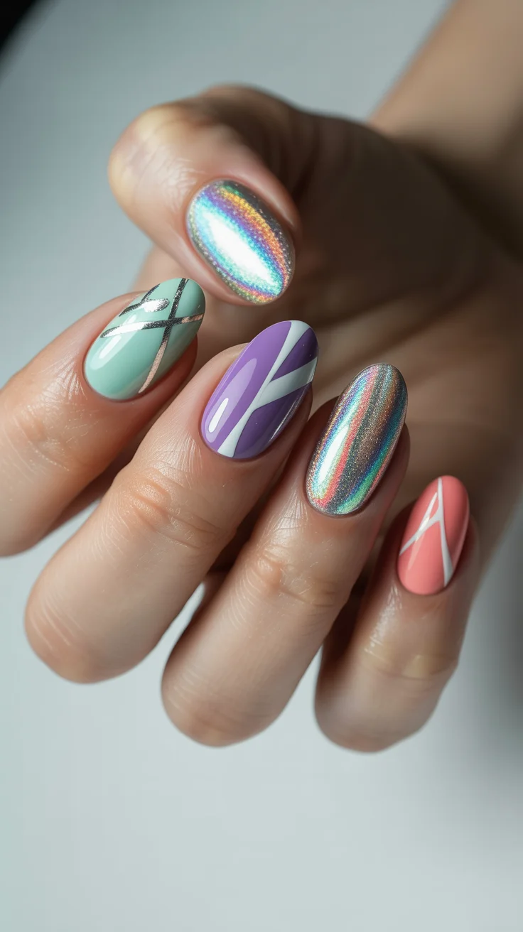 spring to summer season nail art ideas 2026 Holographic Chrome Pastel Nails
