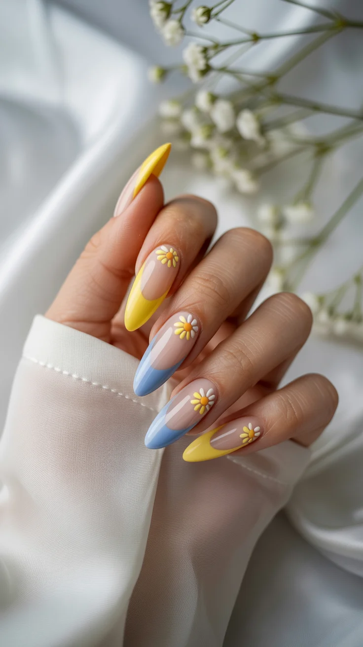 spring to summer season nail art ideas 2026 Daisy French Tip Nail Design