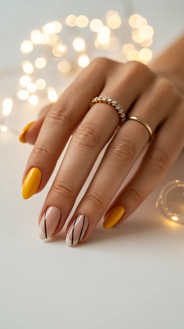 spring to summer season nail art ideas 2026 Minimalist Yellow and Graphic Lines