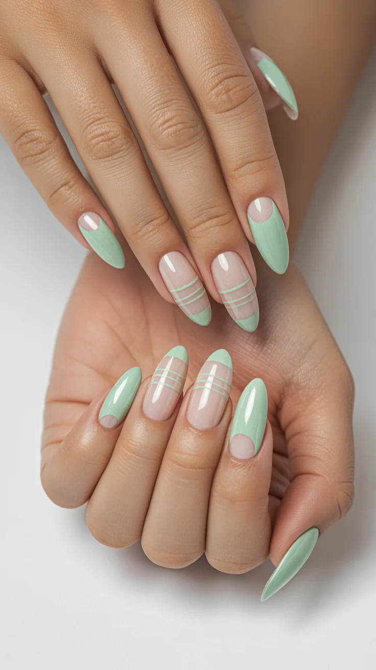 spring to summer season nail art ideas 2026 Mint Minimalist Line Nail Design