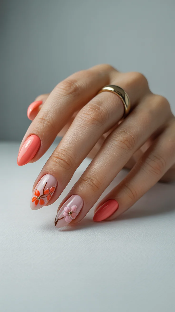 spring to summer season nail art ideas 2026 Soft Coral Floral Nail Design