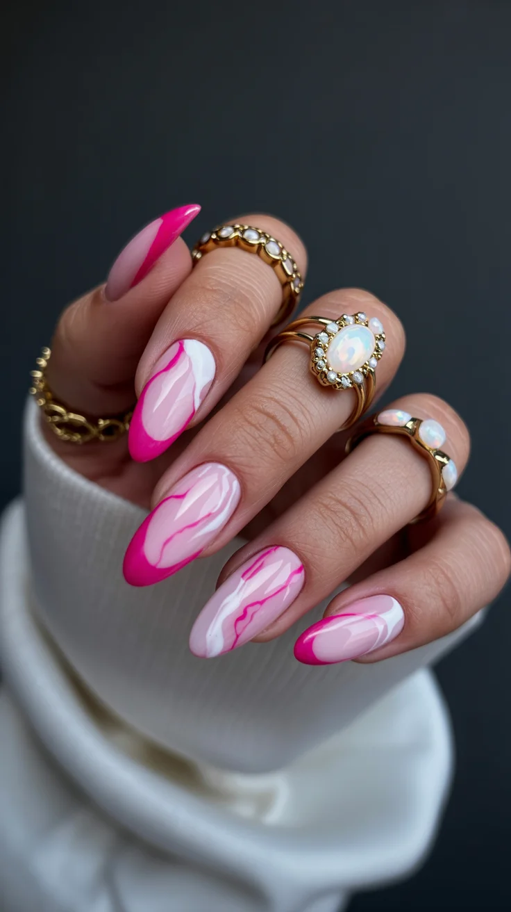 spring to summer season nail art ideas 2026 Pink Marble Swirl Nail Design