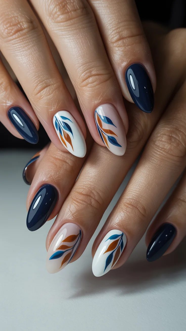 spring to summer season nail art ideas 2026 Botanical Navy Nail Design