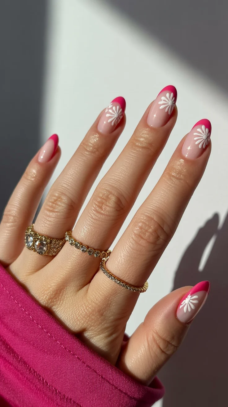 spring to summer season nails color ideas 2026 Soft Pink French Tips With Daisy Accents