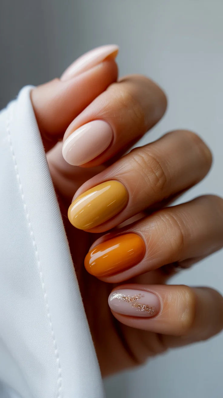 spring to summer season nails color ideas 2026 Warm Sunset Gradient With Soft Gold Detail