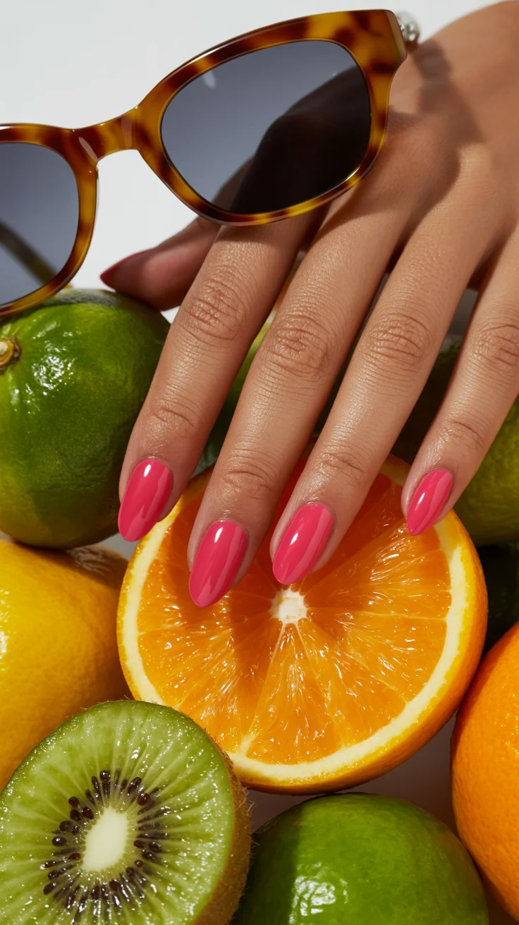 spring to summer season nails color ideas 2026 Juicy Coral Almond Nails That Capture the Taste of Summer