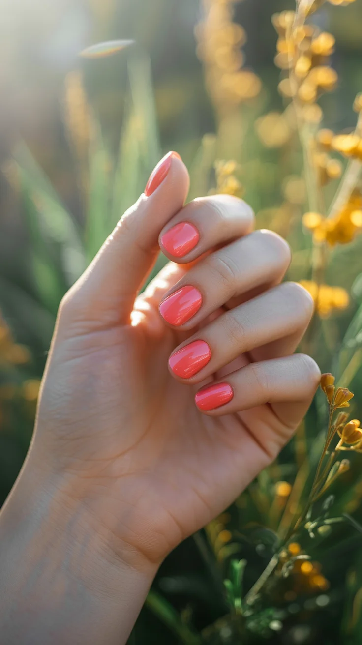 spring to summer season nails color ideas 2026 Soft Coral Short Nails for Effortless Seasonal Style