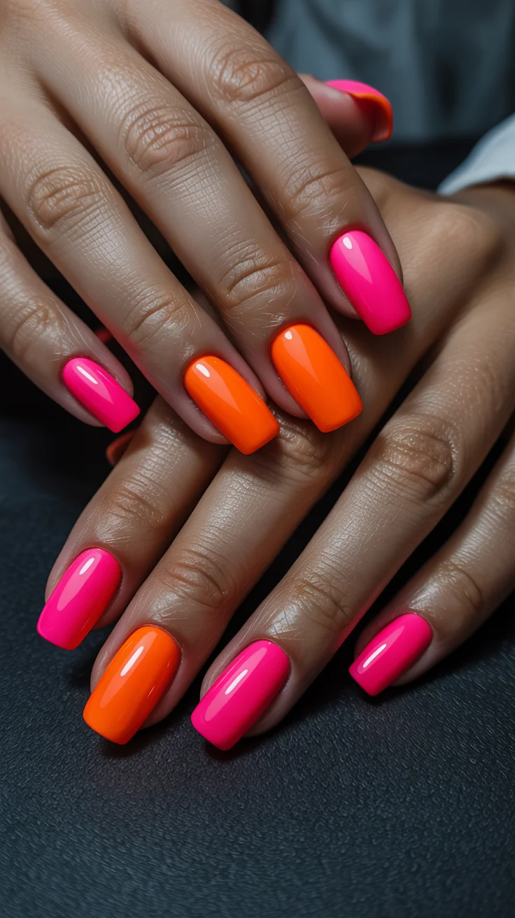 spring to summer season nails color ideas 2026 Hot Pink and Neon Orange Duo for Bold Summer Mood