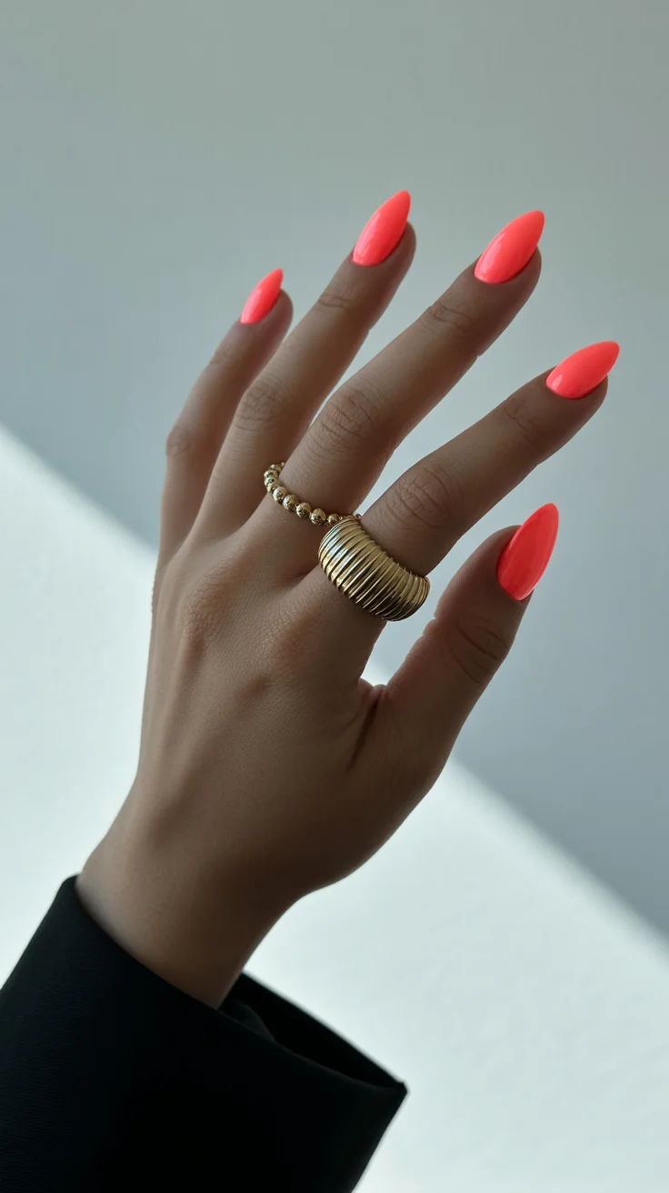 spring to summer season nails color ideas 2026 Electric Coral Stiletto Nails With Modern Minimalism
