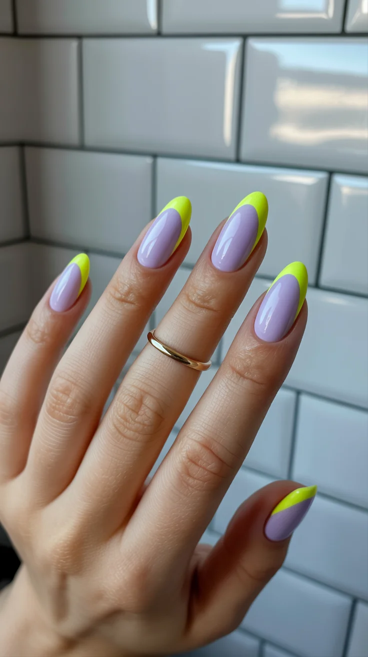 spring to summer season nails color ideas 2026 Lilac Nails With Neon Yellow French Tips