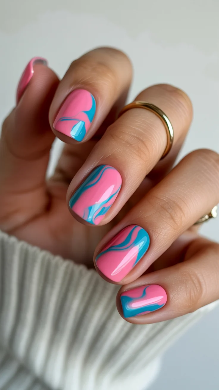 spring to summer season nails color ideas 2026 Pink and Turquoise Swirl Nails With Playful Summer Motion