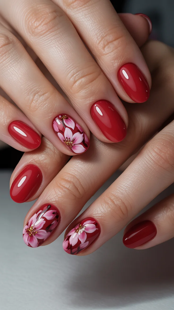 spring to summer season nails color ideas 2026 Classic Red Nails With Delicate Spring Blossom Art