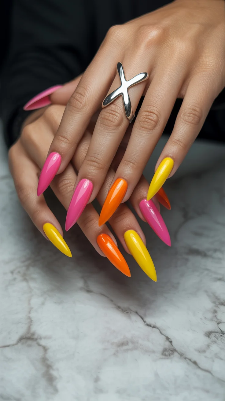 spring to summer season nails color ideas 2026 Bold Neon Stiletto Nails in Pink Orange and Yellow