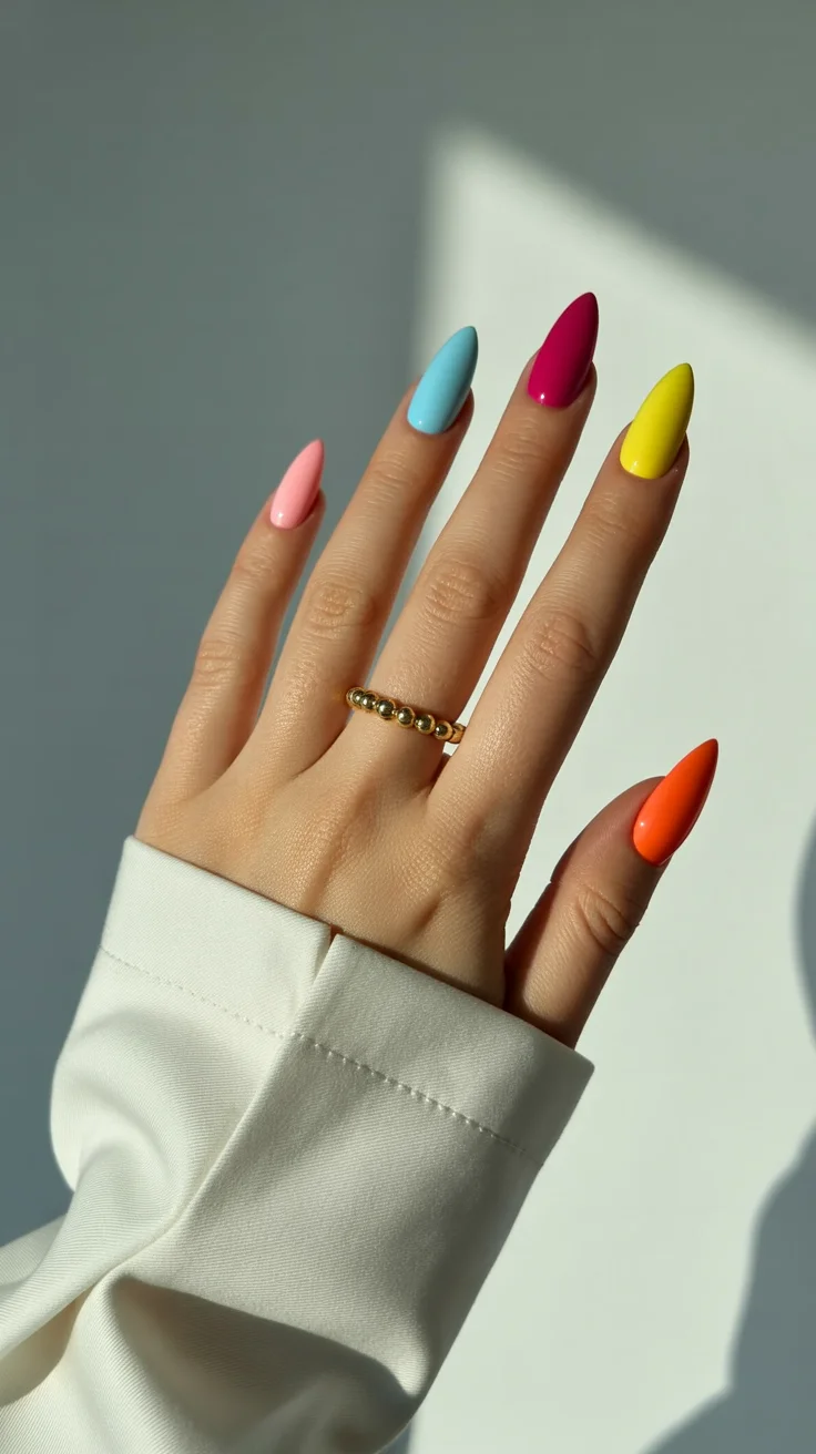 spring to summer season nails color ideas 2026 Colorful Almond Nails in a Bright Rainbow Palette