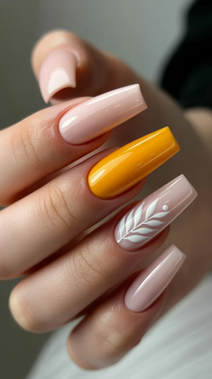 spring to summer season nails color ideas 2026 Sunny Yellow Accent With Botanical White Art