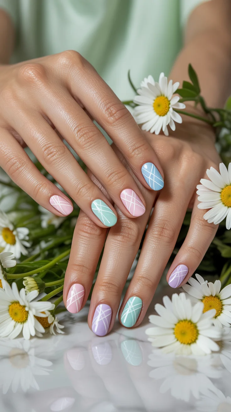 spring to summer season nails color ideas 2026 Playful Pastel Grid Nails for Spring Energy