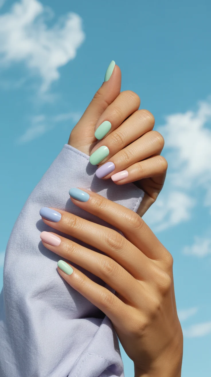 spring to summer season nails color ideas 2026 Airy Pastel Mix That Feels Like Early Summer